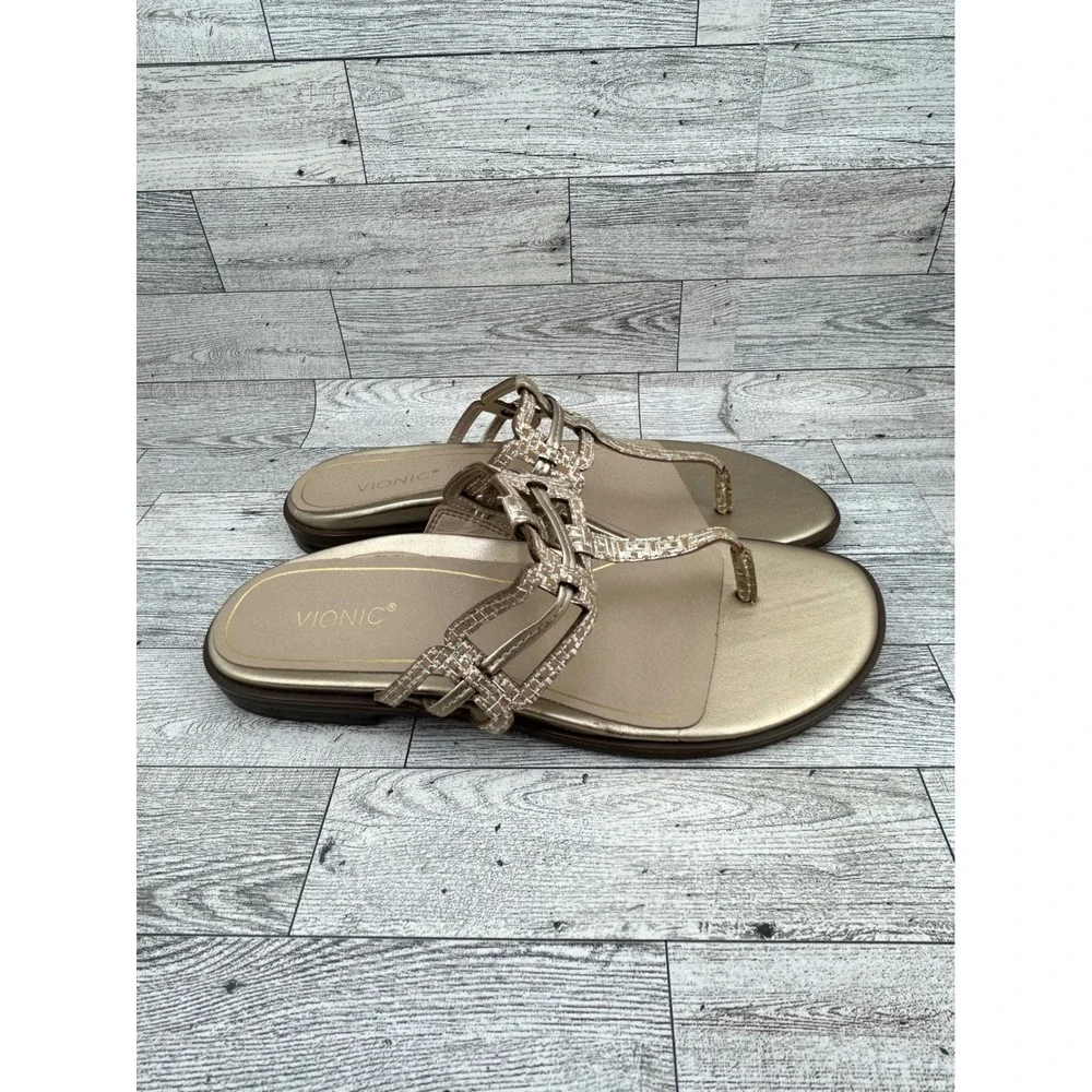 Vionic Alvana Champagne Gold Metallic Orthotic Thong Sandals Women Sz 9